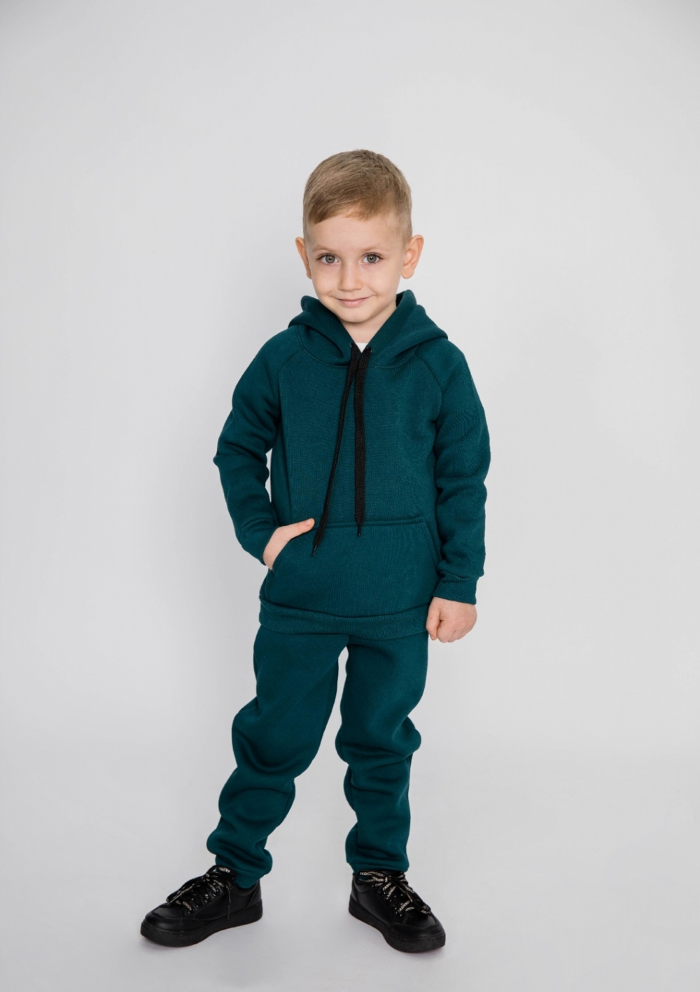 296-И. Свитшот с капюшоном + Штаны, хлопок 65%, 35% ПЭ, 3-х нитка (начес) изумрудный 80,86,92